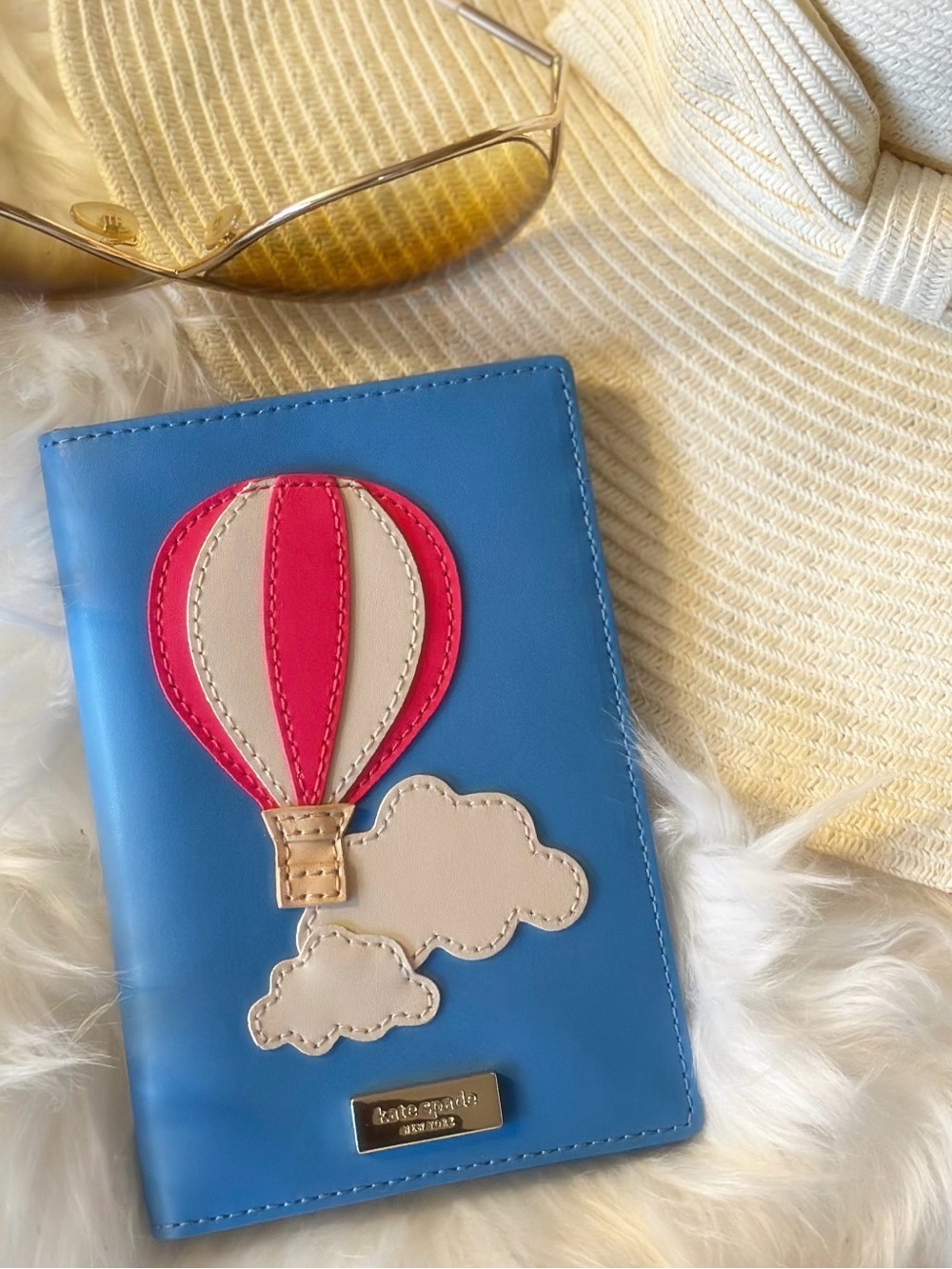 Kate Spade “Get Carried Away” Hot Air Balloon Passport Holder ✈️ Blue Leather